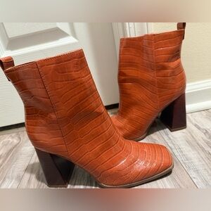 Women's Croc-Embossed Leather Ankle Boots - Sam Edelman Circus - Cognac